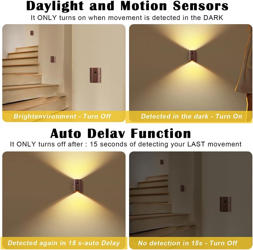 2-Pack Wood Step Light with Motion Sensor, Rechargeable Stair Night Light Set, Sapele Wood 2700K Warm White LED Wall Lamps, Easy No-Wire Installation for Hallway Bedroom Staircase