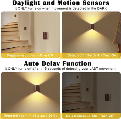 2-Pack Wood Step Light with Motion Sensor, Rechargeable Stair Night Light Set, Sapele Wood 2700K Warm White LED Wall Lamps, Easy No-Wire Installation for Hallway Bedroom Staircase