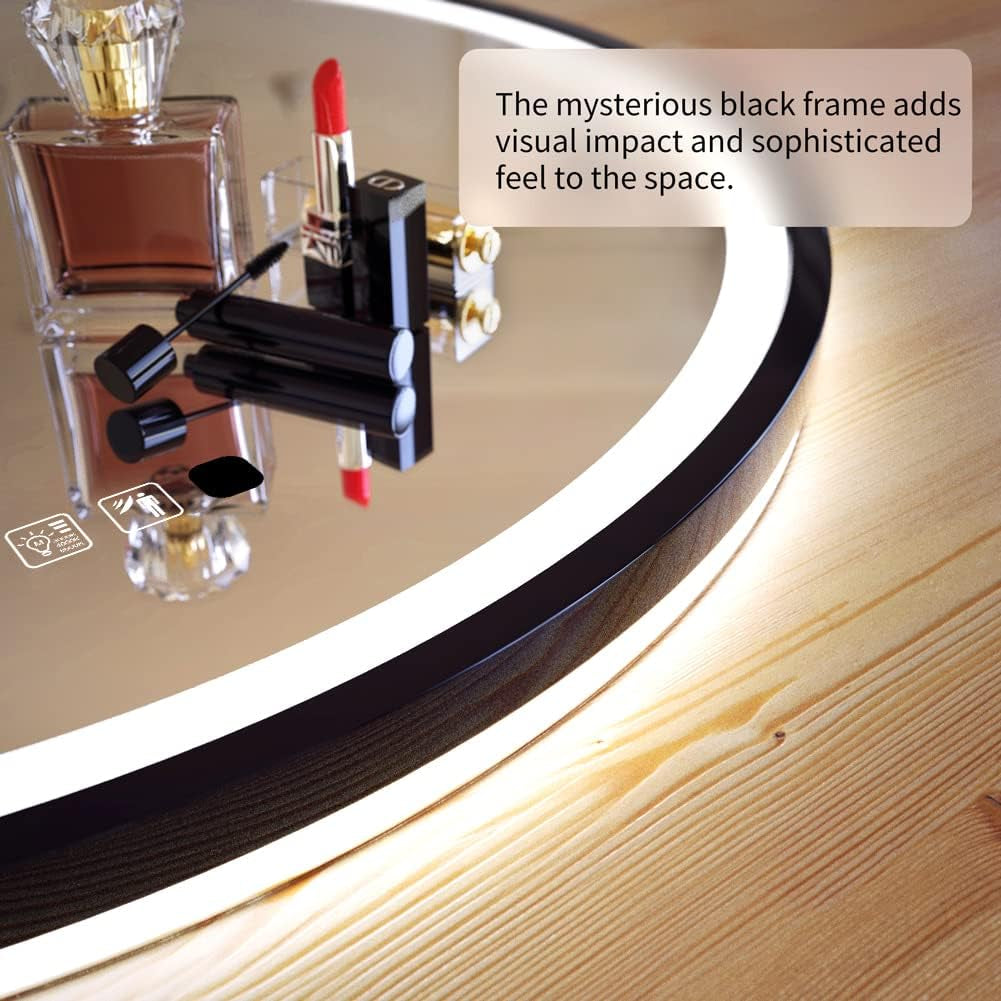 LED Sensor Mirror, round Human Body Induction, Black Framed Vanity Mirror, Illuminated Dimmable anti Fog IP44 Waterproof Wall Mounted Mirror (24" L X 24" W)