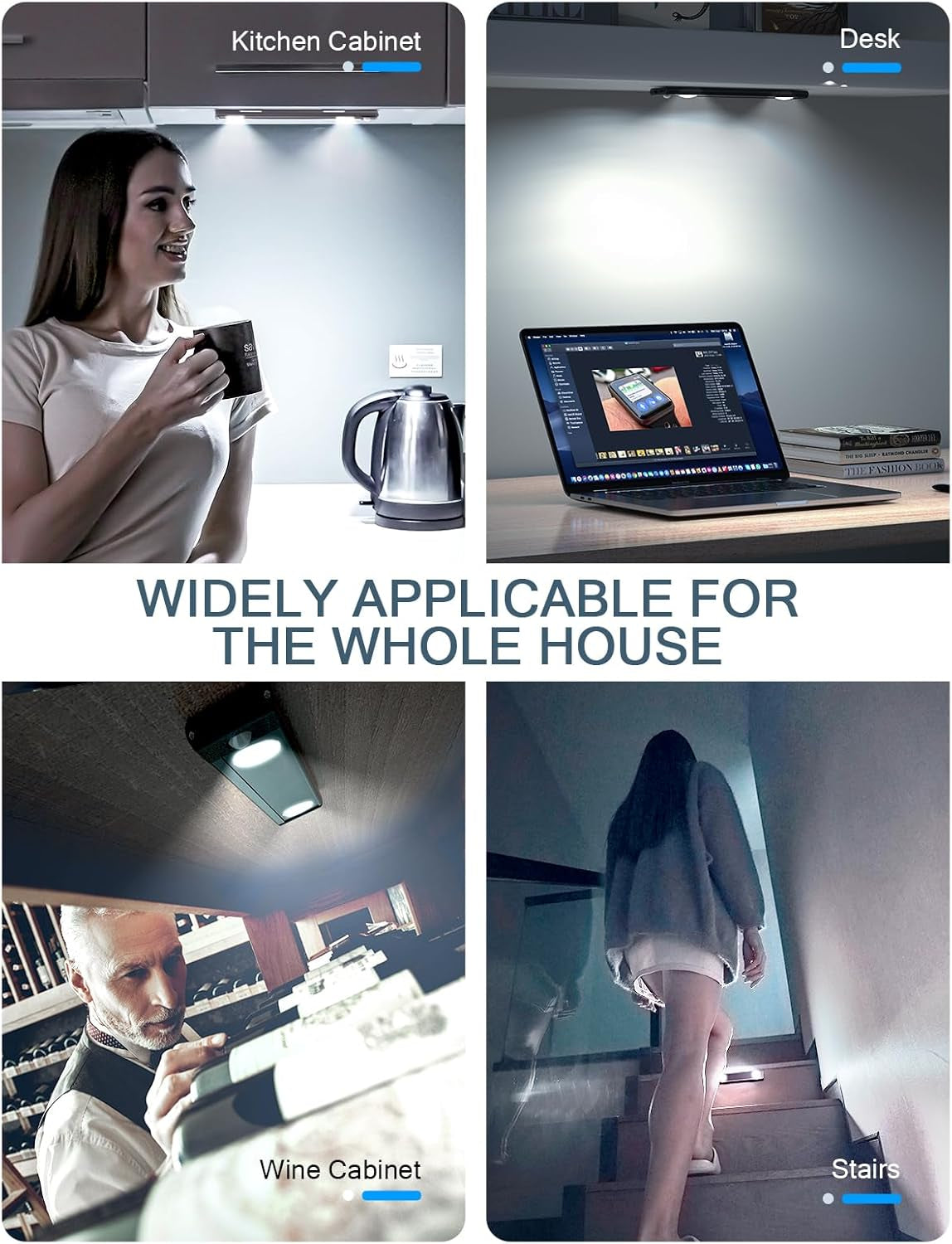 Under Cabinet Lights, Wireless Motion Sensor Light Indoor, Black 10In LED White Lighting Rechargeable Battery Operated,4 Modes Night Light, Stick-On Magnetic Closet Lights for Kitchen, Hallway(2 Pack)