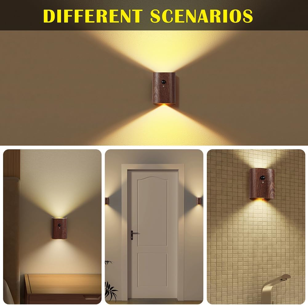 2-Pack Wood Step Light with Motion Sensor, Rechargeable Stair Night Light Set, Sapele Wood 2700K Warm White LED Wall Lamps, Easy No-Wire Installation for Hallway Bedroom Staircase