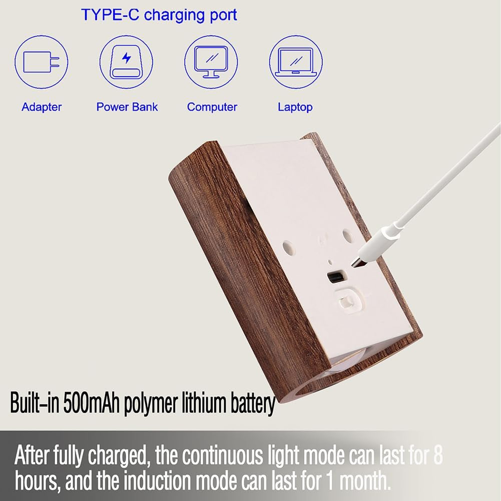 2-Pack Wood Step Light with Motion Sensor, Rechargeable Stair Night Light Set, Sapele Wood 2700K Warm White LED Wall Lamps, Easy No-Wire Installation for Hallway Bedroom Staircase