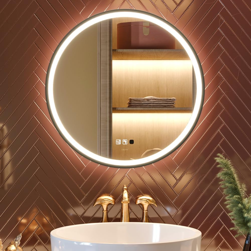 LED Sensor Mirror, round Human Body Induction, Black Framed Vanity Mirror, Illuminated Dimmable anti Fog IP44 Waterproof Wall Mounted Mirror (24" L X 24" W)