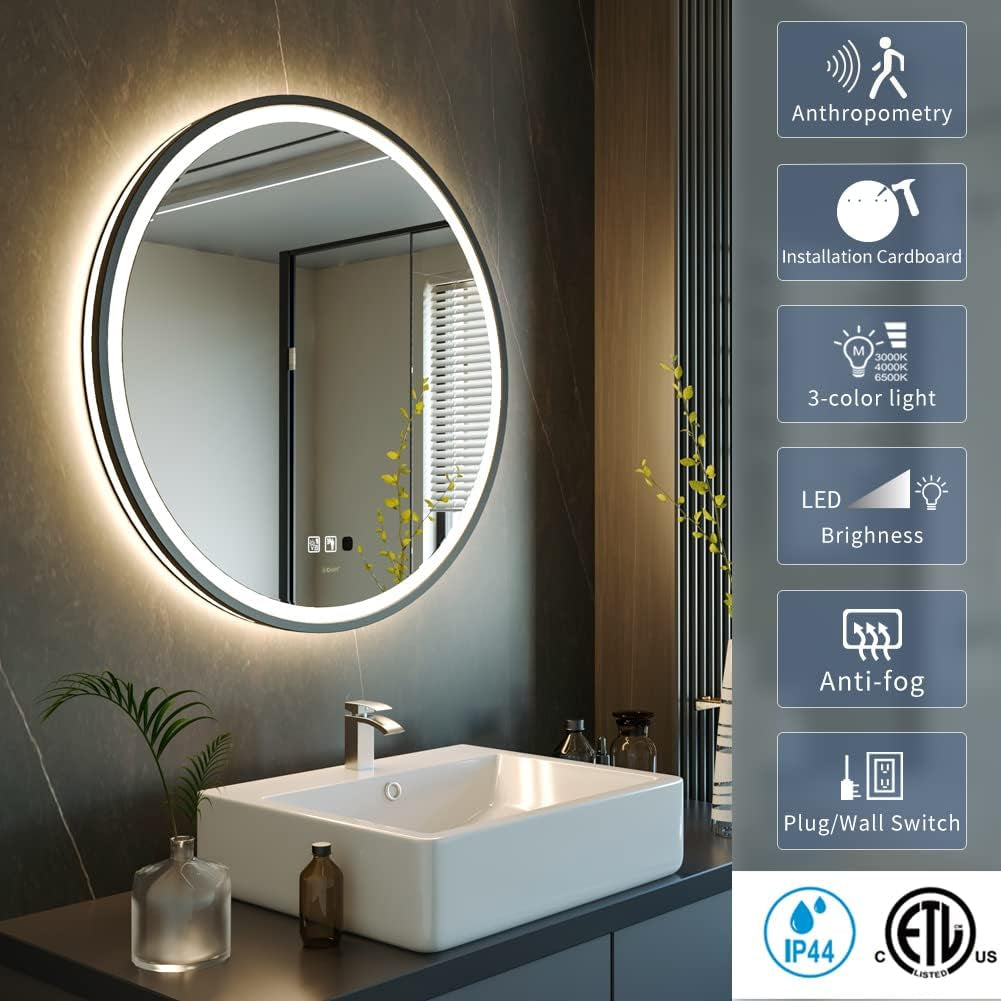LED Sensor Mirror, round Human Body Induction, Black Framed Vanity Mirror, Illuminated Dimmable anti Fog IP44 Waterproof Wall Mounted Mirror (24" L X 24" W)