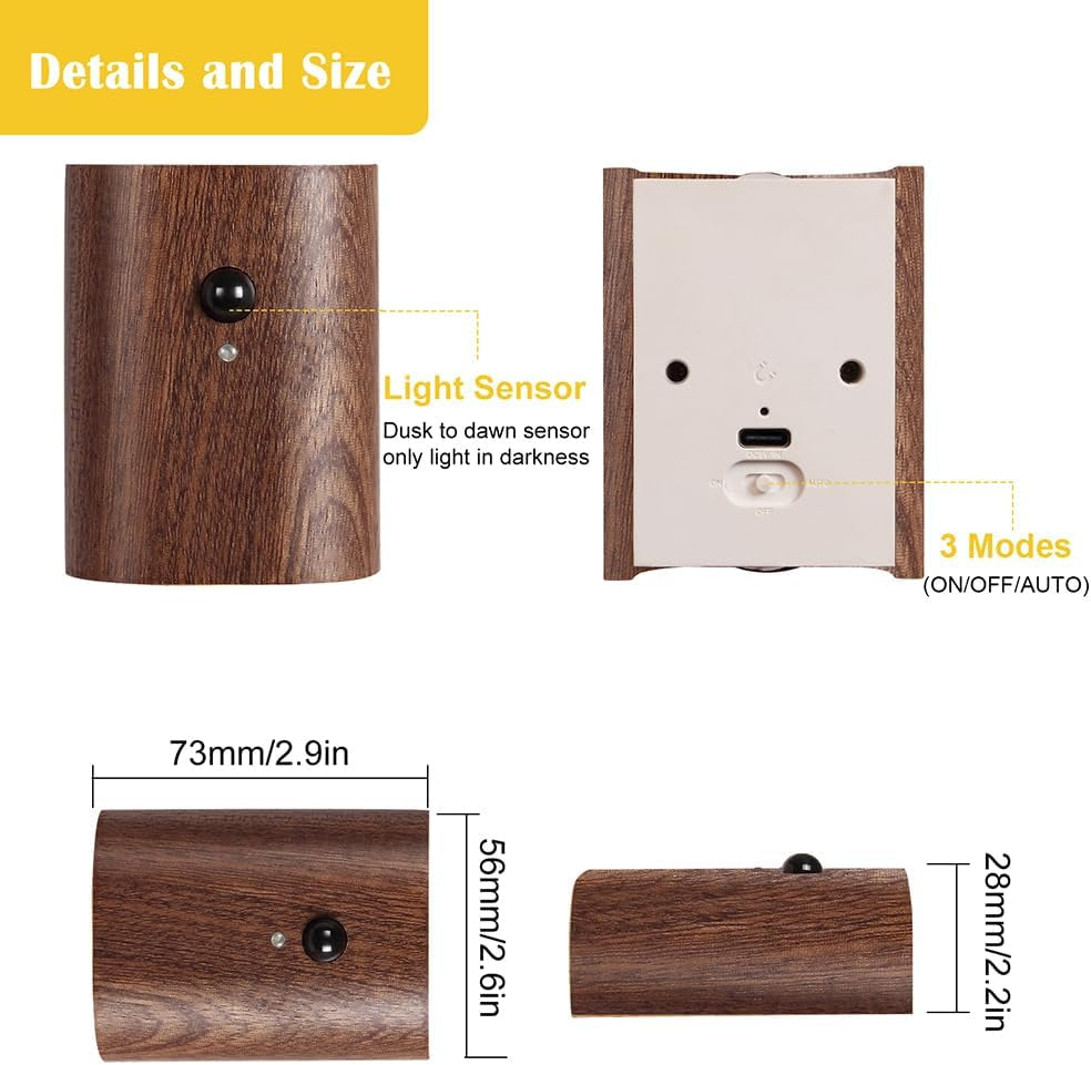 2-Pack Wood Step Light with Motion Sensor, Rechargeable Stair Night Light Set, Sapele Wood 2700K Warm White LED Wall Lamps, Easy No-Wire Installation for Hallway Bedroom Staircase