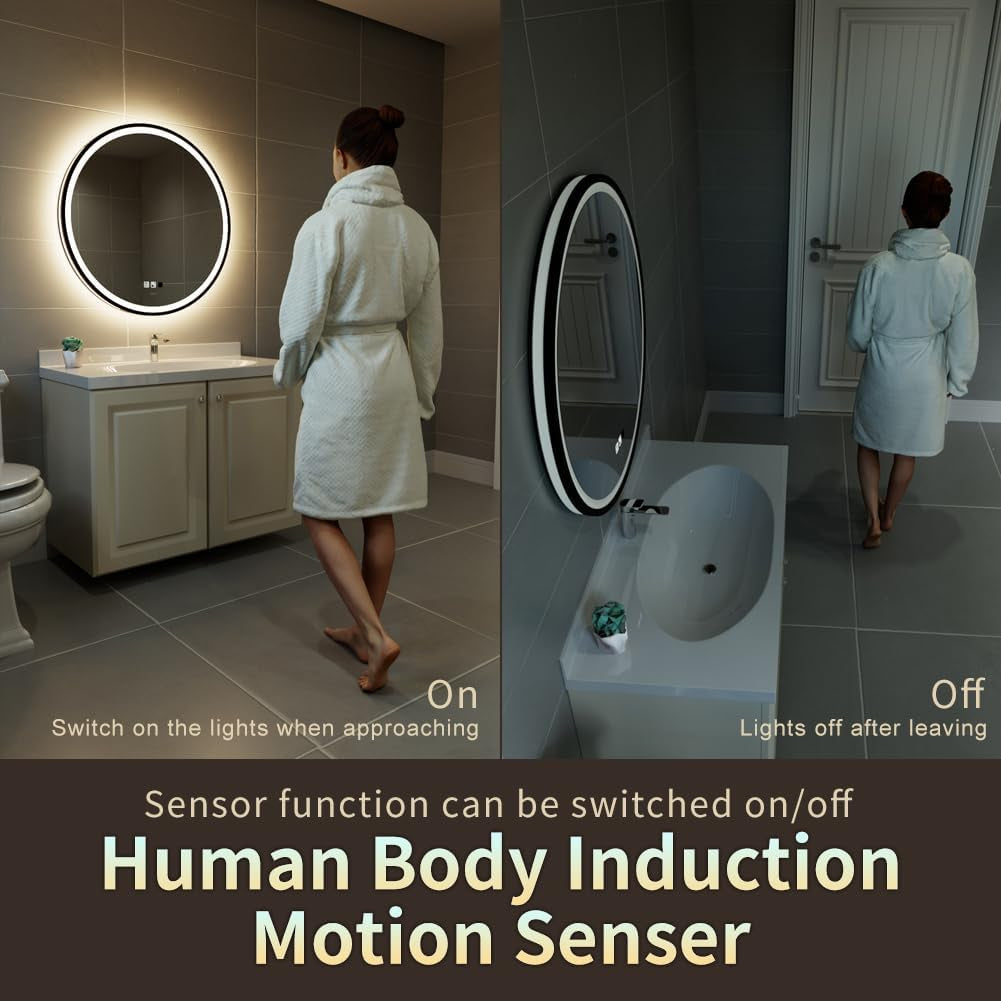 LED Sensor Mirror, round Human Body Induction, Black Framed Vanity Mirror, Illuminated Dimmable anti Fog IP44 Waterproof Wall Mounted Mirror (24" L X 24" W)