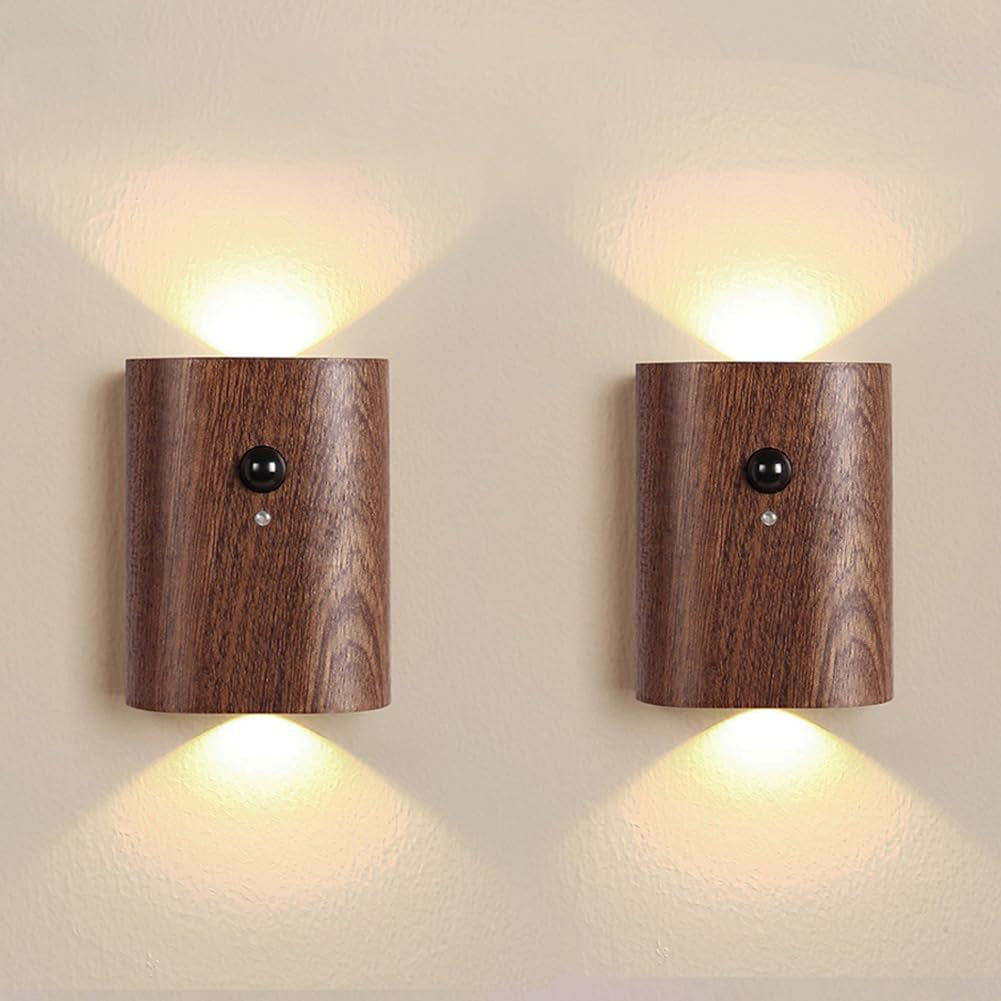 2-Pack Wood Step Light with Motion Sensor, Rechargeable Stair Night Light Set, Sapele Wood 2700K Warm White LED Wall Lamps, Easy No-Wire Installation for Hallway Bedroom Staircase