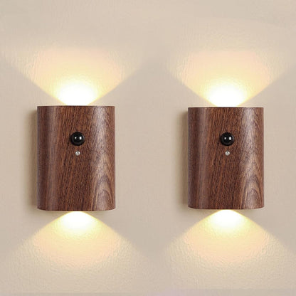 2-Pack Wood Step Light with Motion Sensor, Rechargeable Stair Night Light Set, Sapele Wood 2700K Warm White LED Wall Lamps, Easy No-Wire Installation for Hallway Bedroom Staircase