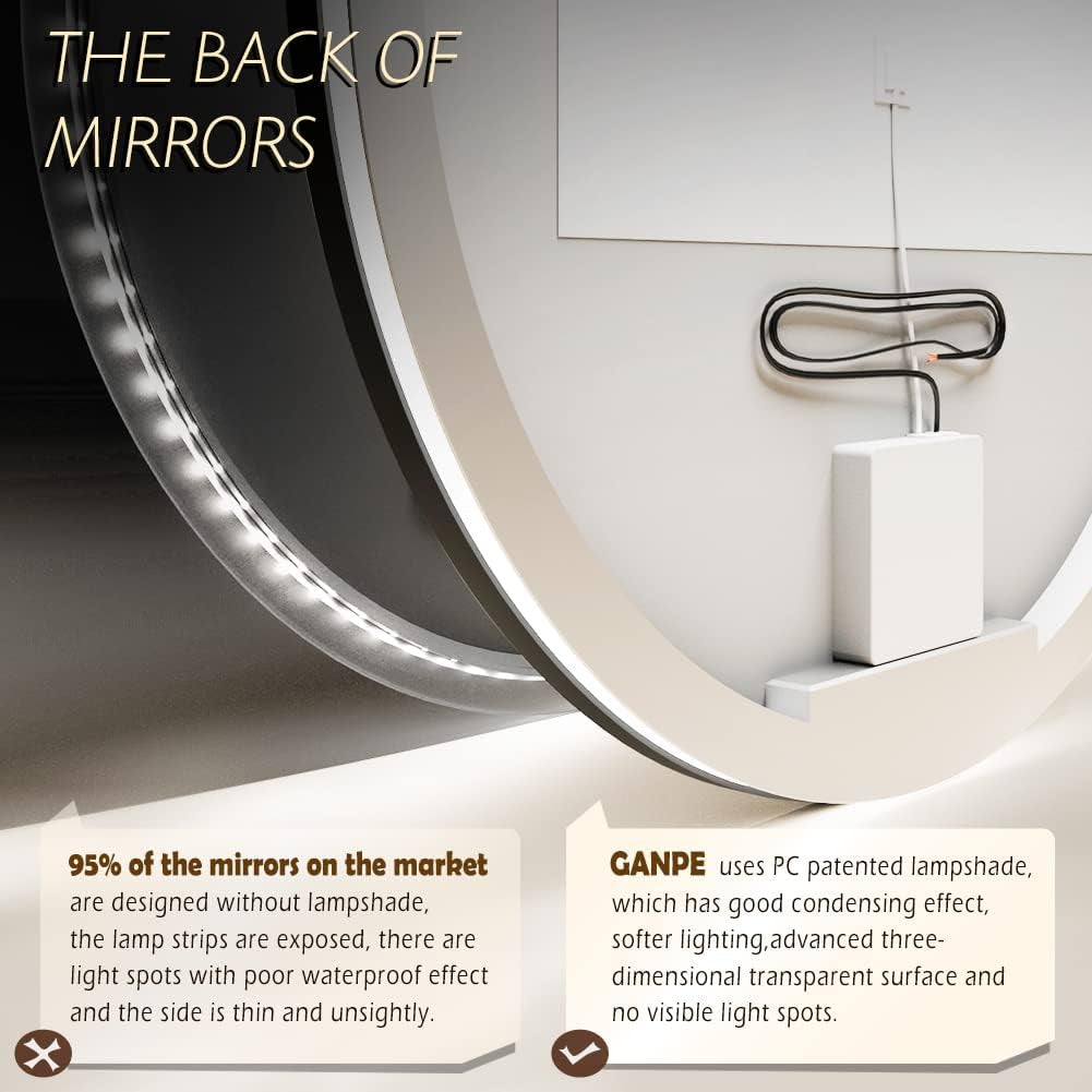 LED Sensor Mirror, round Human Body Induction, Black Framed Vanity Mirror, Illuminated Dimmable anti Fog IP44 Waterproof Wall Mounted Mirror (24" L X 24" W)