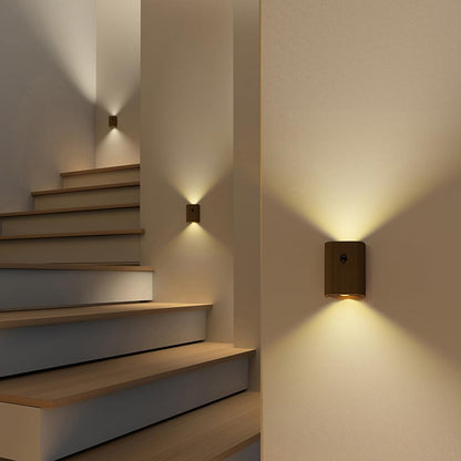 2-Pack Wood Step Light with Motion Sensor, Rechargeable Stair Night Light Set, Sapele Wood 2700K Warm White LED Wall Lamps, Easy No-Wire Installation for Hallway Bedroom Staircase